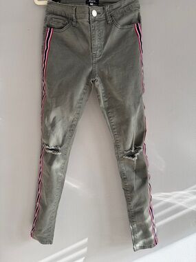 Olive Green Skinny Jeans with Red-White-Blue Side Stripes